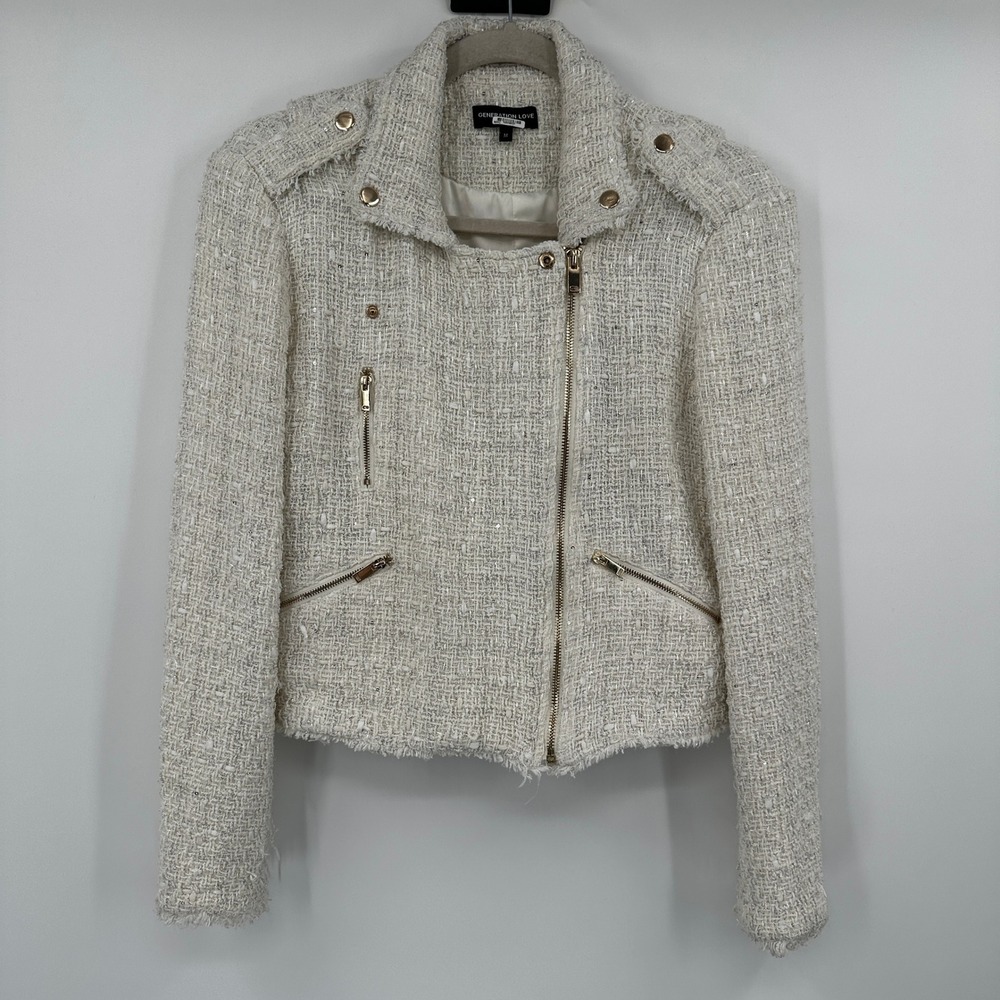 Generation Love White Tweed Moto Jacket Sequins Gold Zippers Women's Size M
